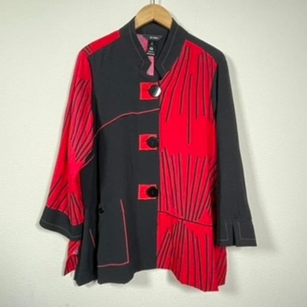 Ali Miles Button Front Tunic Women 1X Red Black Lagenlook Geometric Art To Wear